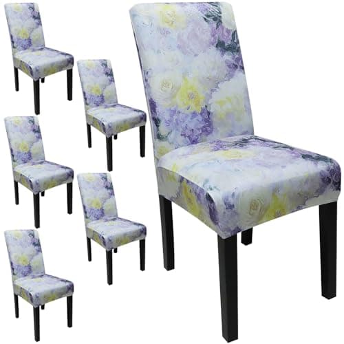 JQinHome Pattern Chair Covers for Dining Room Set of 6, High Stretch Removable Washable Parsons Chair Slipcover for Home Party Hotel Wedding Ceremony (Light Purple Flowers,6PCS)