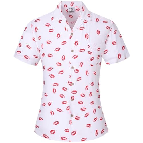DOKKIA Women's Hawaiian Shirt Blouses Tropical Aloha Casual Floral Work Luau Party Short Sleeve Tops Kiss Lipstick Print Red White Large