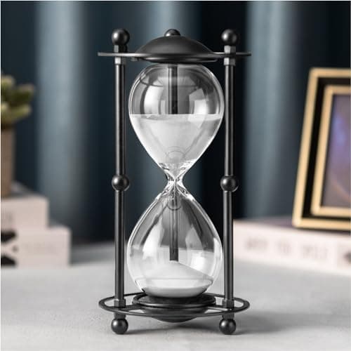 ELAINESTORE Hourglass Timer 60 Minute, Black Metal Sand Timer, White