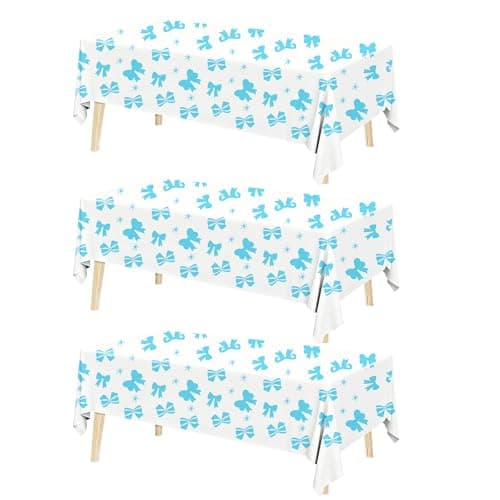 UYMAYULY 3 Pcs Light Blue Bow Table Cloths Party Supplies, Coquette Birthday Decorations for Wedding Engagement Bridal Baby Shower Themed Party, 108 x 54 Inch