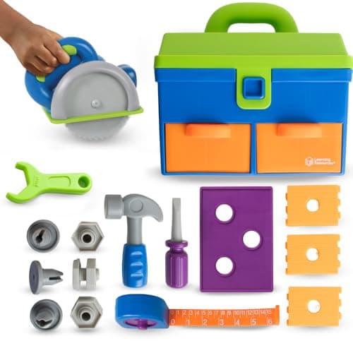 Learning Resources New Sprouts All-in-One Toolbox - Kids Tool Set, Toddler Toys, Fine Motor Skills, Pretend and Play Construction Box, Montessori Drill and Screw Toys, Gifts for Boys and Girls