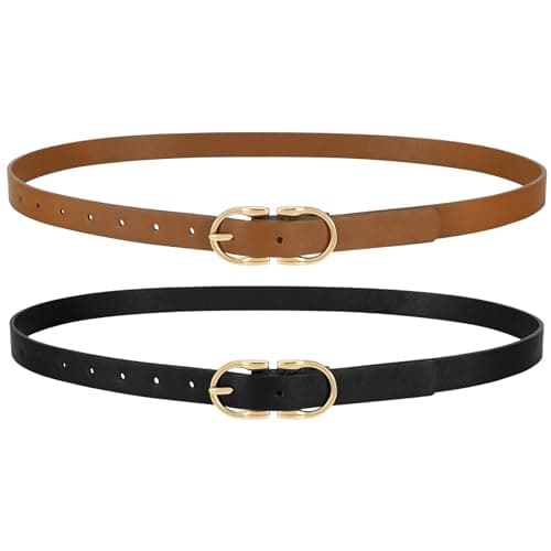 WERFORU 2Pack Thin Belts for Women Skinny Leather Belts for Jeans Pants Women Thin Leather Belt Black Belt with Gold Buckle/Silver Buckle,A-Black+brown-Gold,Fit Waist Size 37-41 Inches