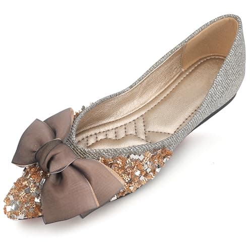 DUWEIDU Gold Flats Shoes for Women Rhinestones Bow Wedding Flats Slip on Flats for Women Comfortable Dress Shoe Size 7