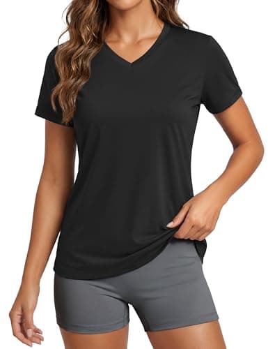 MAGCOMSEN Shirts for Women V Neck Workout Tops Running Dry Fit Sun Protection Shirt UPF 50 Cooling Exercise Top Black S