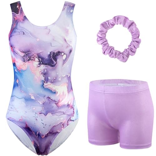 HOZIY Gymnastics Leotards for Girls Kids Shiny Bow Back Ballet Biketards Outfits Sleeveless Leotards with Shorts Hair Band Athletic Unitards Sets Size 9-10