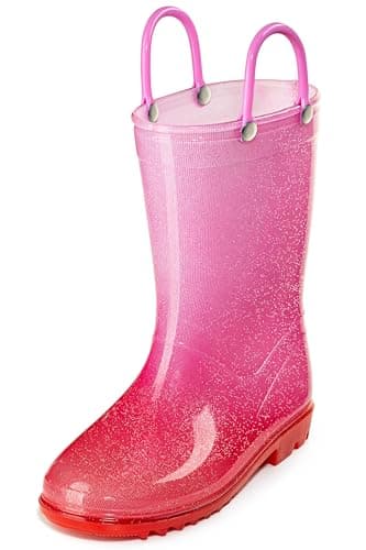 Puddle Play Kids PVC Glitter Rain Boots - Easy On Handles - For Girls and Boys, Lightweight, Sparkly, Toddler 4 (Pink/Red)