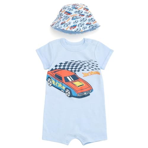 Hot Wheels Toddler Boys Romper and Bucket Sun Hat Outfit Set Pastel Blue 2T