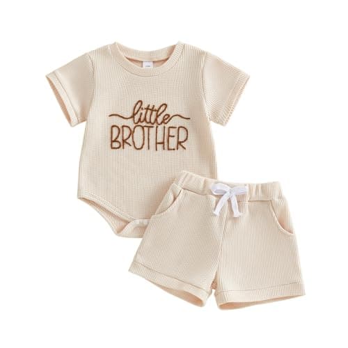 allshope Newborn Baby Boy Summer Outfit Set Little Brother Lil Bro Embroidery Romper Jumpsuit Shorts Infant Waffle Clothes (Little Brother Apricot, 9-12 Months)