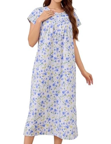 IZZY + TOBY Cotton Nightgowns for Women Long Lightweight Short Sleeves Ladies Soft Nightdress Pajamas