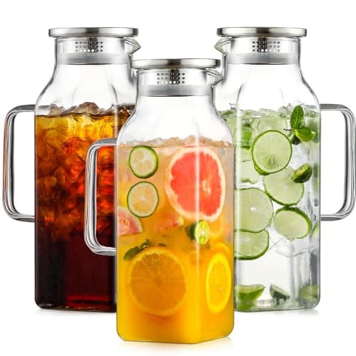 Netany 3 Pack 2 Liters/68 oz Square Glass Pitcher with Lid and Handle for Fridge, Iced Tea and Coffee Carafe Beverage Serveware, Heat Resistant Borosilicate Water Jug for Hot/Cold Drinks and Milk
