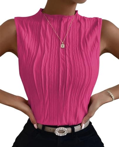 Poetsky Summer Tank Tops for Women 2026 Mock Neck Sleeveless Shirts Textured Business Casual Clothing Hot Pink S