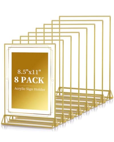 Dynta Acrylic Sign Holder 8.5x11 8pck Clear Table Display Stands Double Sided Table Sign Holders, Menu Holder for Wedding, Party, Office, Store, Home Use (Gold Frame)