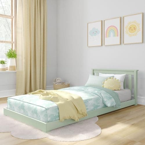 Max & Lily Classic Twin Floor Bed, 79.75 Inches, Solid Wood Low Bed Frame for Kids, Modern Floor Bed for Bedroom, Sage Green