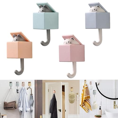 FUZSKWID 4pcs Cute Self Adhesive Towel Hooks For Bathrooms, Wall Hooks Heavy Duty For Hanging Coat, Towel,Scarf, Hat, Robes,Key,Creative Kawaii Room Decorative Cat Hook For Tiles, Glass Door or Mirror