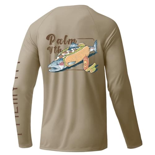 Palmyth Mens Fishing Shirts Sun Protection T-Shirts UV UPF 50+ Long Sleeve Rash Guard Tee Khaki Trout Burger XL