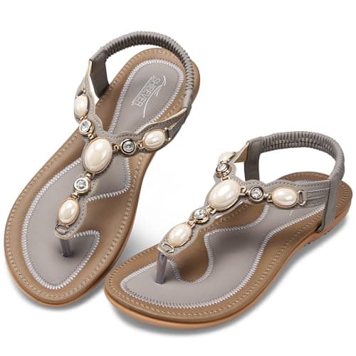SHIBEVER Flat Sandals for Women Dressy: Summer Casual Ankle Strap Sandals - Comfortable Walking Slip on Thong Boho Rhinestone Womens Flats Sandal Gray Size 5