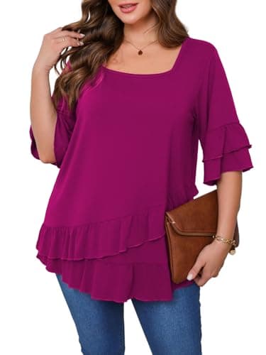 Beauhuty Womens Plus Size Tops Square Neck Tunic Double Ruffle Hem 3/4 Bell Sleeves Shirts Casual Trendy Flowy Dressy Blouses Summer(11 Rose Red, 4XL)