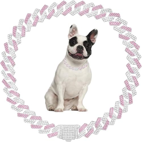 Pink Chain Dog Collar,Diamond Dog Necklace Cuban Link Dog Collar Rhinestone Cat Chain Sparkly Glitter Girls Female Kitten Puppy Collars for Small Medium Large Pet,22 Inch