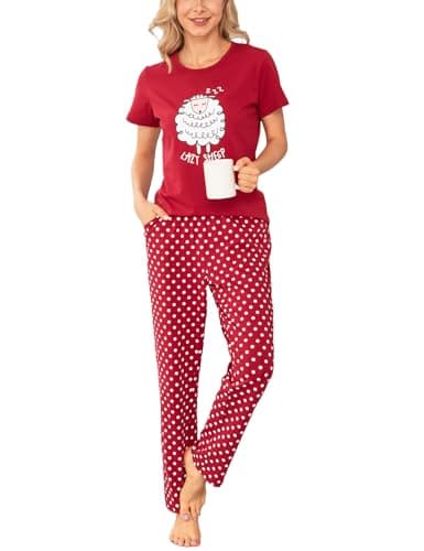 EISHOPEER Women's Pajama Set Lazy Sheep Printed Short Sleeve Top and Long Pants Sleepwear Pjs Sets Wine Red XS