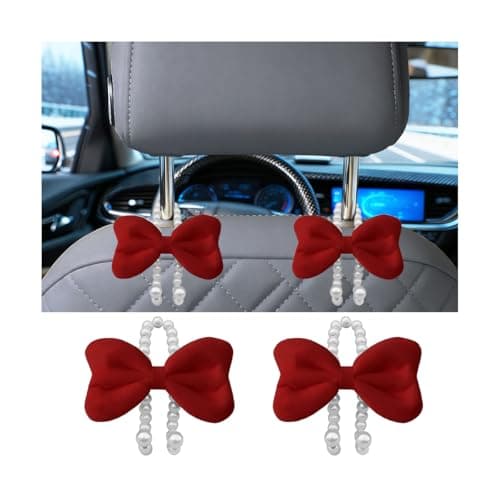 Norkmdi Car Seat Headrest Hook, 2PCS Elegant Bow Pearl Cute Vehicle Back Seat Hanger Hook, Automotive Headrest Storage Organizer for Handbag Purse Coat, Universal for SUV RV Truck (Red)