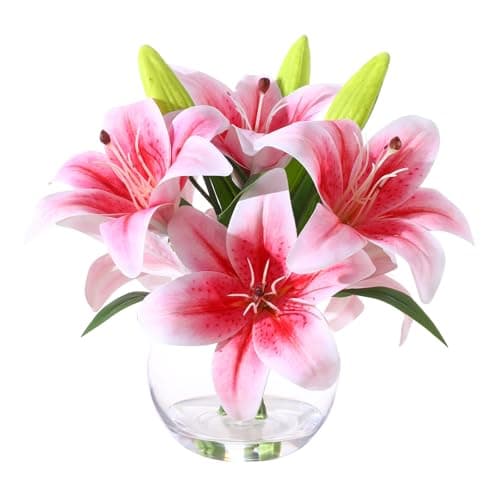 Wenhuidr Artificial Tiger Lily Arrangement in Glass Vase, Realistic Touch Silk Flowers, FakeLilies with Faux Water