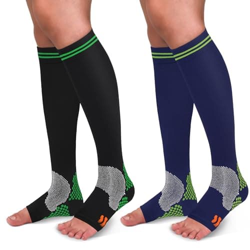 Hi Clasmix 30-40mmHg Medical Graduated Compression Socks Open Toe for Women&Men Circulation-Knee High Socks for Support,Hiking,Running(2 Pack Open Toe Polka Dots Black+Navy,XXL-3XL)