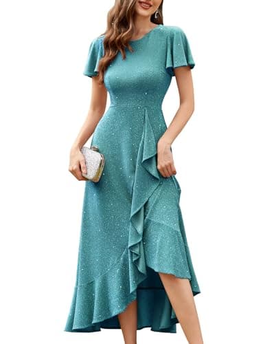 BeryLove Women Sequin Formal Party Dress Flutter Short Sleeve Wedding Guest Dress Cocktail Long Evening Dress BLS007 Light Blue M