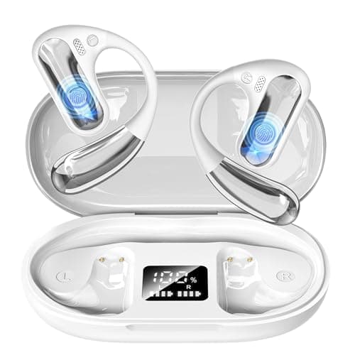 Open Ear Headphones, Bluetooth 5.4 Wireless Earbuds with Ear Hooks, 60H Playtime, AI Clear Call, LED Display Charging Case, IPX7 Waterproof Sports Earphones for Running Workouts Commute, White