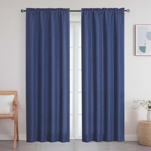 WelvetBLK Blue Curtains 84 Inches Long 2 Panels Set, Faux Linen Textured Light Filtering Curtains for Bedroom Living Room Soft Airy Solid Rod Pocket Drapes, Blue, 2 Pcs Each 40Wx84L Inch