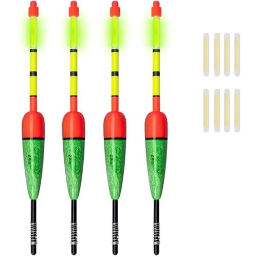 QualyQualy Lighted Fishing Slip Bobber 4-5Pcs Wood/EVA Fish Float + 8-10Pcs Glow Sticks, Night Fishing Light Up Slip Bobber for Crappie Bass Panfish Catfish Walleye