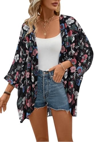 olrain Women's Floral Print Sheer Chiffon 3/4 Bat Sleeve Casual Loose Kimono Cardigan Capes (Large, Black Pink2)