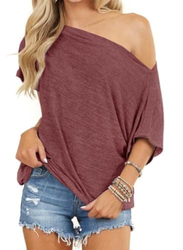 LEEDYA Women's Sexy Loose Fit Shirts Stretchy Off Shoulder Short Sleeve Blouse Loose Fitting T-Shirt Summer Tops Red 2XL