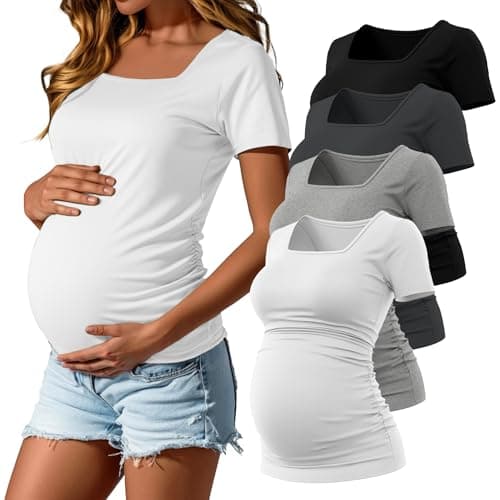 Baggyfly 4 Pack Women's Maternity Shirts Square Neck Pregnancy Tops Side Ruched Short Sleeve Tees Cotton Knit Mama Clothes(Black, Dark Gray, White, Light Gray,Small)