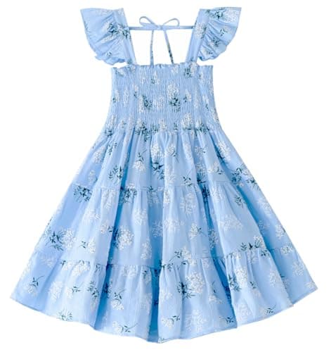 GSVIBK Toddler Girl Cotton Dress Flutter Sleeve Baby Ruffle Floral Tie Dresses Boho Beach Sundress 892 Blue 110