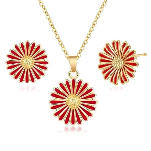 EVEVIC Daisy Necklace and Stud Earrings Set for Women, 18K Gold Plated