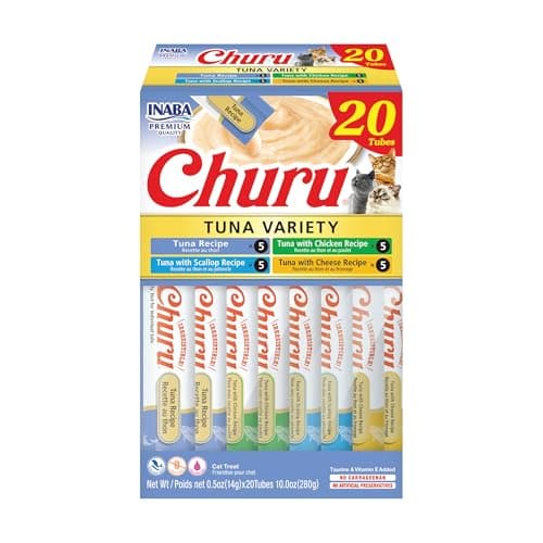 INABA Churu Cat Treats, Lickable, Squeezable Creamy Purée Cat Treat with Green Tea Extract & Taurine, 0.5 Ounces Each Tube, 20 Tubes, Tuna Variety Box