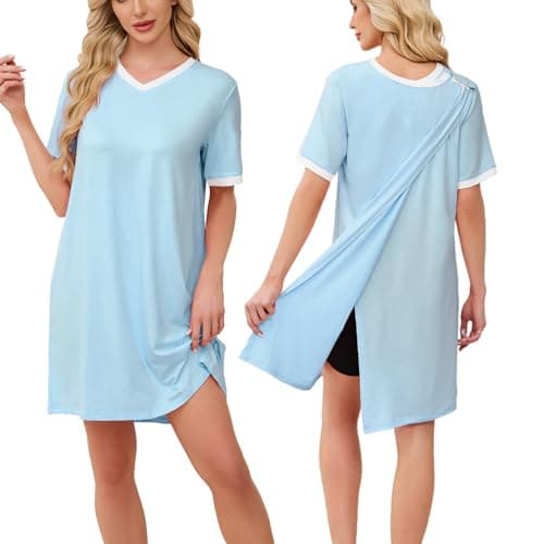 Chunoy Hospital Gowns for Women Short Sleeve Button Open Back Nursing Gowns Post Surgery Dress Nightgown Light Blue Medium
