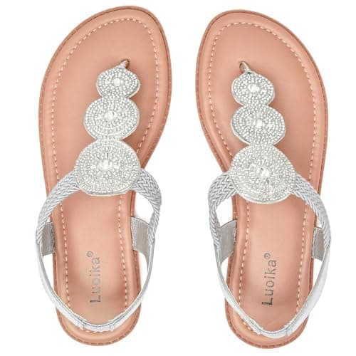 Luoika Women's Wide Width Rhinestone Flat T-Strap Sandals.813 SL 7