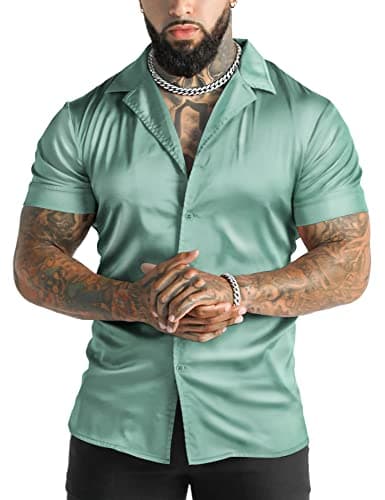 URRU Men's Luxury Shiny Silk Like Satin Dress Shirt Cuban Collar Short Sleeve Casual Slim Fit Muscle Button Up Shirts Light Green XXL