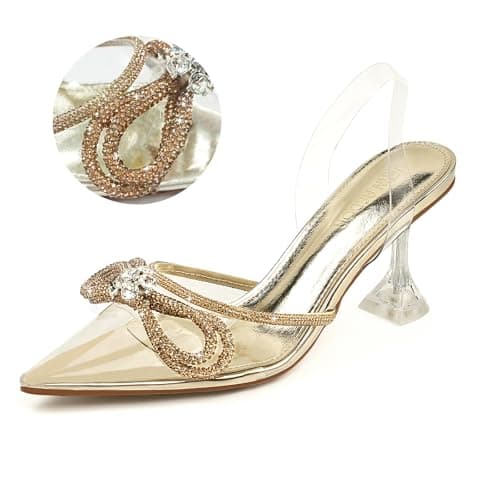 JENN ARDOR Women’s Heels for Bride Sparkly Low Heels Slingback Pumps 3.4 inch Clear Kitten Heels Wedding with Rhinestones Bow Pumps Pointed Toe Sandals Dress Shoes for Prom Party Dating