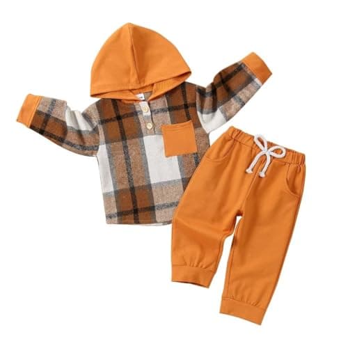 JOIMOCY 4T Boys Clothes Toddler Little Boy Fall Winter Outfits Long Sleeve Button Down Hooded Sweatshirt Tops Clothing Sets, Brown Plaid Outfits 4-5T