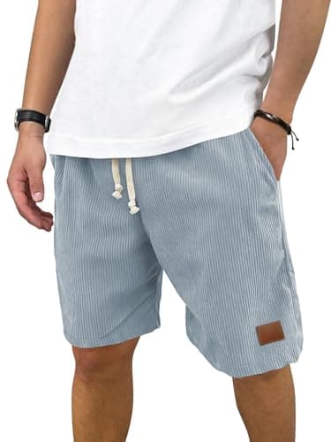Hardaddy Mens Corduroy Shorts Casual Elastic Waist Drawstring 2026 Summer Beach Lounge Short(Light Blue Medium)