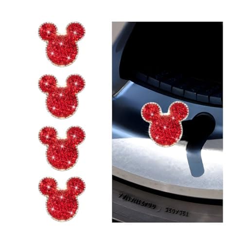 KHGUZ Bling Car Tire Valve Stem Caps, 4PCS Dustproof Crystal Rhinestone Cartoon Mouse Design, Sparkling Attractive Auto Wheel Decoration Accessories, Universal Fit (Red)