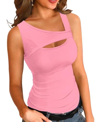 Necooer Womens Fashion Summer Cutout Tank Tops Sleeveless Knit Ribbed Stretch Slim Fitted Shirts Scoop Neck Cami Top for Women (X-Large,Light Pink)