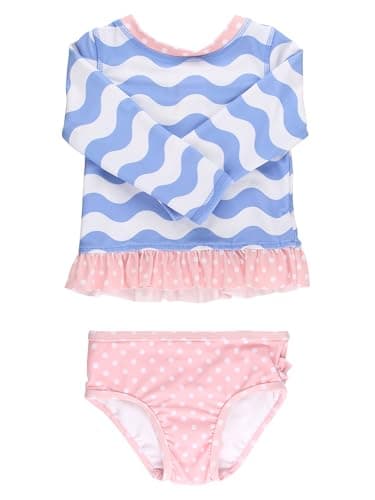 RuffleButts Baby/Toddler Girls Long Sleeve Rash Guard UPF50+ Sun Protected Bikini Swimsuit - Periwinkle Blue Wavy Stripe, 2T