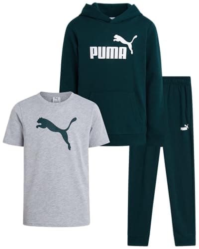 PUMA Boys Sweatpants Set - 3 Piece Fleece Pullover Hoodie Boys TShirt and Jogger Pants Youth Kids Activewear Set (8-16), Size 8-9, Green