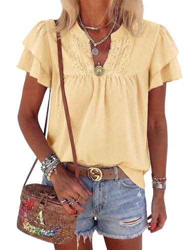 HEYTALALA Womens Summer Blouses Dressy Casual Cute V Neck Ruffle Short Sleeve Tops Business Work Shirts 2025 Trendy Apricot M