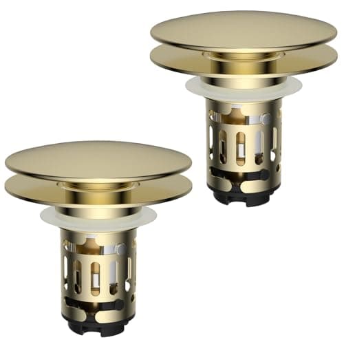 Hibbent 2 Pack Upgraded 3 in 1 Bathroom Sink Drain Strainer, Pop Up Sink Stopper with Big Cap, Anti-Clogging Metal Filter Basket,Sink Plug with Hair Catcher for 1.1''~2.36'' Basin, Brushed Gold