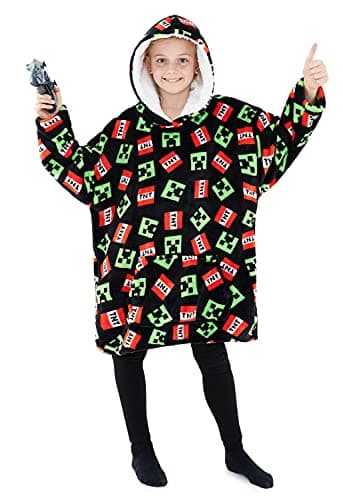 Minecraft Blanket Hoodie for Kids, Teens, One Size Soft Oversized Fleece Poncho, Cozy Hoodie Blanket, Gamer Gifts for Boys (Black Aop)