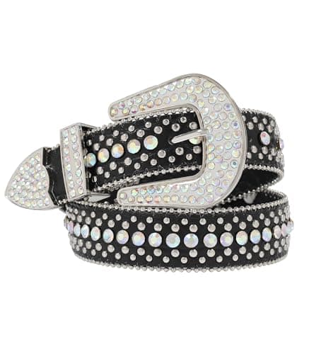 Kajeer Rhinestone Western Belts for Woman, Sparkly Rivet Cowboy Leather Belts for Jeans(Black, Large)